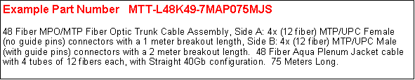 Text Box: Example Part Number   MTT-L48K49-7MAP075MJS	48 Fiber MPO/MTP Fiber Optic Trunk Cable Assembly, Side A: 4x (12 fiber) MTP/UPC Female (no guide pins) connectors with a 1 meter breakout length, Side B: 4x (12 fiber) MTP/UPC Male (with guide pins) connectors with a 2 meter breakout length.  48 Fiber Aqua Plenum Jacket cable with 4 tubes of 12 fibers each, with Straight 40Gb configuration.  75 Meters Long. 